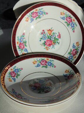 [SWINNERTONS] 3-Piece 22k Gold Tudor Rose Bowls/Saucers (Staffordshire, England)